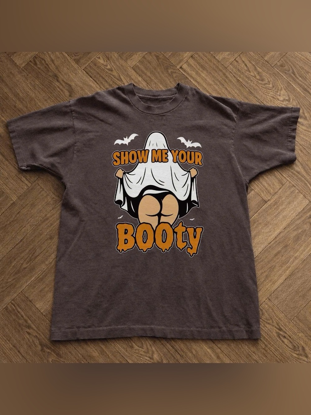 Brown Graphic Halloween Tee - 'Show Me Your Booty'